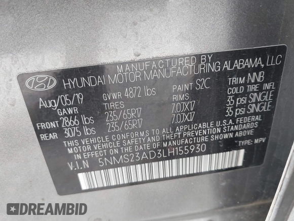 2020 Hyundai Santa Fe SE z VIN 5NMS23AD3LH155930, wystawiony jako IAAI lot #42155889 z przebiegiem 64 441 mil mil oraz . Historia ofert i sprzedaży dostępna na DreamBid. Obrazek 9.