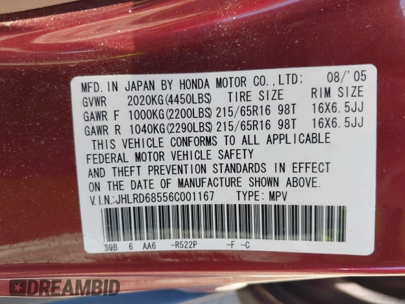 2006 Honda CR-V LX with VIN JHLRD68556C001167, listed as a IAAI auction lot 42104036 with 113,590 mi miles and . Bid and sale history available at DreamBid. Image 9.