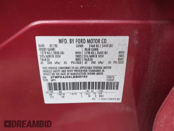 2020 Ford Edge SEL with VIN 2FMPK4J9XLBB00165, listed as a IAAI auction lot 41857380 with 8 mi miles. Bid and sale history available at carsss.com. Image 9.