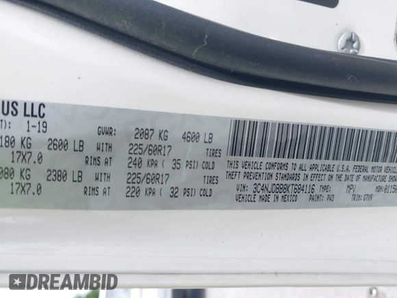 2019 Jeep Compass Latitude with VIN 3C4NJDBB8KT684116, listed as a IAAI auction lot 42596469 with 73,219 mi miles and . Bid and sale history available at DreamBid. Image 9.