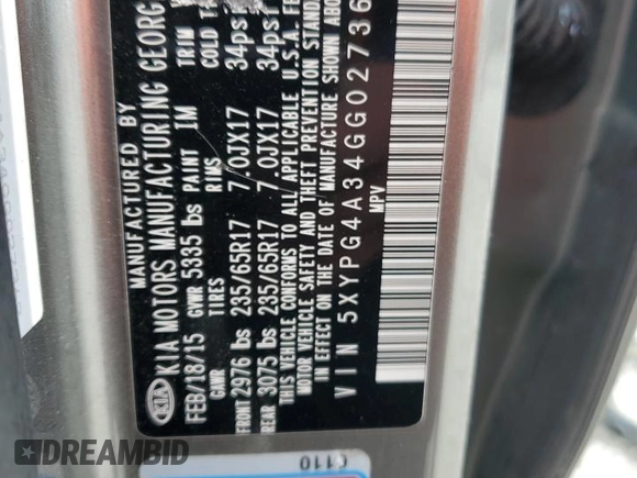 2016 Kia Sorento L with VIN 5XYPG4A34GG027362, listed as a Copart auction lot 84928684 with 154,502 mi miles and Salvage Title. Bid and sale history available at DreamBid. Image 13.
