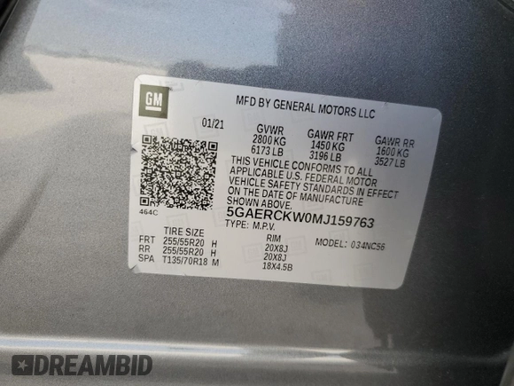 2021 Buick Enclave Premium with VIN 5GAERCKW0MJ159763, listed as a Copart auction lot 76494804 with 54,649 mi miles and Salvage Title. Bid and sale history available at carsss.com. Image 15.