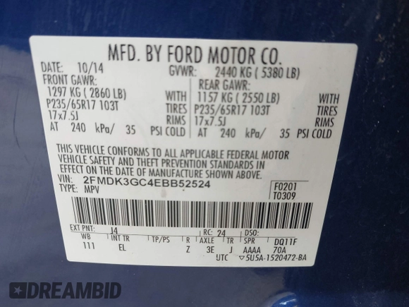 2014 Ford Edge SE z VIN 2FMDK3GC4EBB52524, wystawiony jako IAAI lot #42453682 z przebiegiem 78 555 mil mil oraz . Historia ofert i sprzedaży dostępna na DreamBid. Obrazek 9.