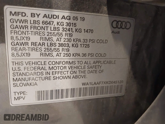 2019 Audi Q7 Premium Plus z VIN WA1LAAF7XKD045120, wystawiony jako IAAI lot #42426678 z przebiegiem 97 205 mil mil oraz . Historia ofert i sprzedaży dostępna na DreamBid. Obrazek 9.
