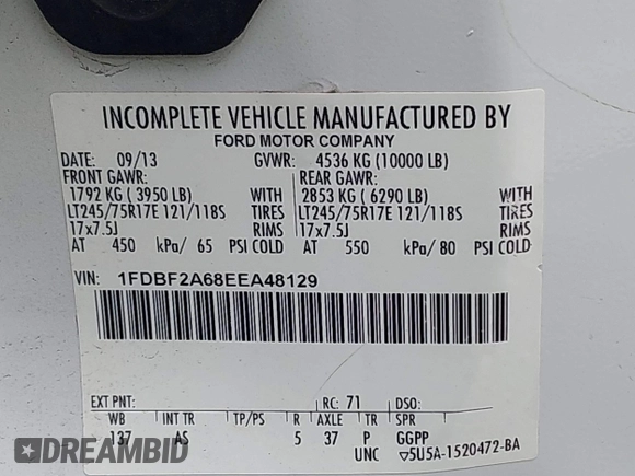 2014 Ford F-250 XL with VIN 1FDBF2A68EEA48129, listed as a IAAI auction lot 42271285 with 183,794 mi miles and . Bid and sale history available at DreamBid. Image 9.