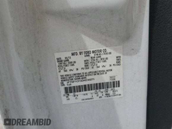 2013 Ford F-150 XL with VIN 1FTNF1CF3DKE30271, listed as a Copart auction lot 56471065 with 219,157 mi miles and Clean title. Bid and sale history available at DreamBid. Image 12.