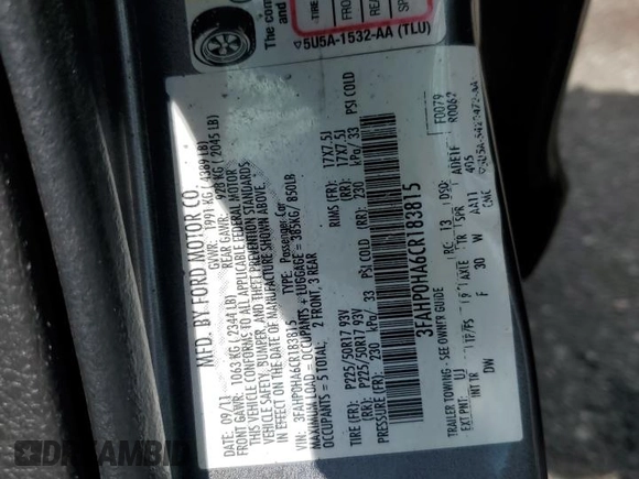 2012 Ford Fusion SE z VIN 3FAHP0HA6CR183815, wystawiony jako Copart lot #58187975 z przebiegiem 118 101 mil mil oraz Szkoda całkowita • Salvage title. Historia ofert i sprzedaży dostępna na DreamBid. Obrazek 12.
