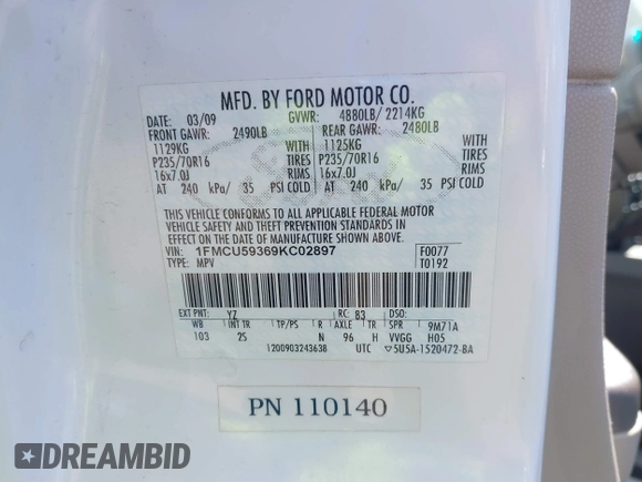 2009 Ford Escape Hybrid with VIN 1FMCU59369KC02897, listed as a IAAI auction lot 41841414 with 246,324 mi miles and . Bid and sale history available at DreamBid. Image 9.