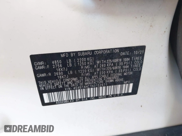 2022 Subaru Outback Limited с VIN 4S4BTANC1N3152671, выставлен на аукционе IAAI как лот 42328548 с пробегом 46 981 миль миль и . История ставок и продаж доступна на DreamBid. Изображение 9.
