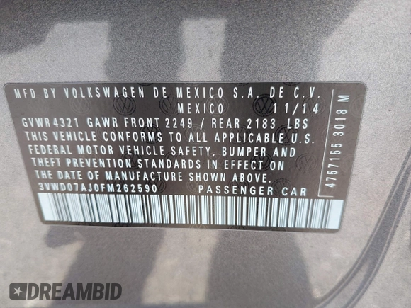 2015 Volkswagen Jetta SE с VIN 3VWD07AJ0FM262590, выставлен на аукционе IAAI как лот 42159928 с пробегом 110 895 миль миль и . История ставок и продаж доступна на DreamBid. Изображение 9.