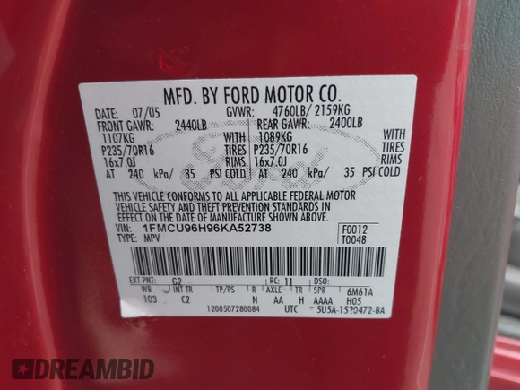 2006 Ford Escape Hybrid with VIN 1FMCU96H96KA52738, listed as a IAAI auction lot 41773608 with 214,834 mi miles and . Bid and sale history available at DreamBid. Image 9.