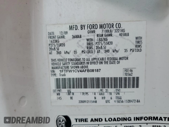 2010 Ford F-150 XL with VIN 1FTFW1CV4AFB08187, listed as a Copart auction lot 44710245 with 179,180 mi miles and Salvage Title. Bid and sale history available at DreamBid. Image 12.