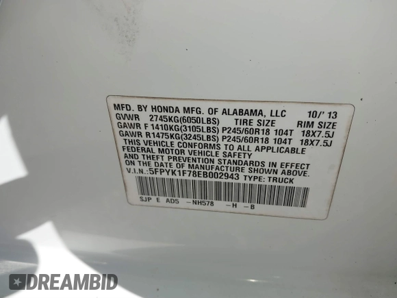 2014 Honda Ridgeline Sport with VIN 5FPYK1F78EB002943, listed as a IAAI auction lot 41855493 with Not provided miles and . Bid and sale history available at DreamBid. Image 9.