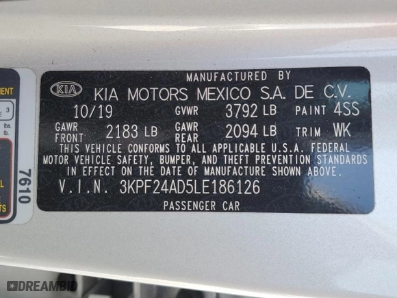2020 Kia Forte LXS with VIN 3KPF24AD5LE186126, listed as a Copart auction lot 43056395 with 41,047 mi miles and Salvage Title. Bid and sale history available at carsss.com. Image 15.