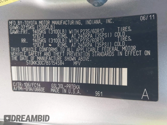 2011 Toyota Sienna LE AAS with VIN 5TDKK3DC7BS154584, listed as a IAAI auction lot 42013919 with 155,071 mi miles and . Bid and sale history available at DreamBid. Image 9.