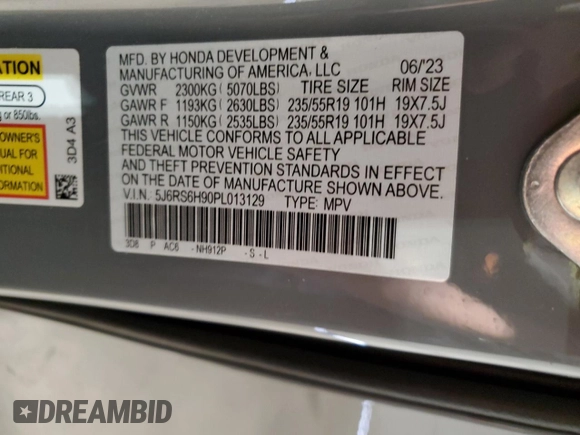 2023 Honda CR-V Sport Touring with VIN 5J6RS6H90PL013129, listed as a Copart auction lot 52214575 with 14,838 mi miles and Salvage Title. Bid and sale history available at DreamBid. Image 13.