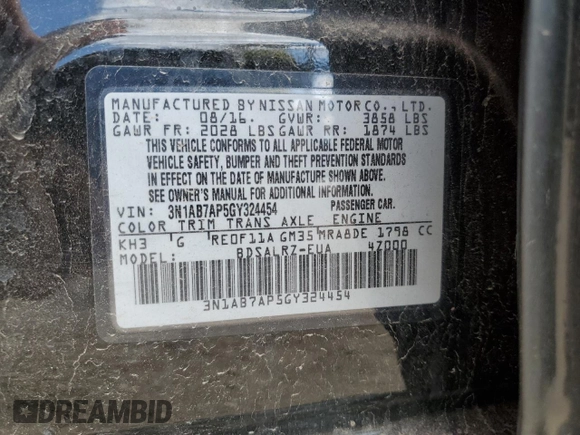 2016 Nissan Sentra SV with VIN 3N1AB7AP5GY324454, listed as a Copart auction lot 52357275 with 71,485 mi miles and Salvage Title. Bid and sale history available at DreamBid. Image 13.