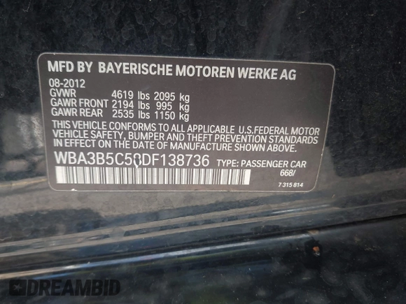 2013 BMW 3 Series 328i xDrive with VIN WBA3B5C58DF138736, listed as a IAAI auction lot 41981208 with 113,510 mi miles. Bid and sale history available at carsss.com. Image 9.