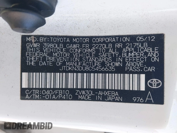 2012 Toyota Prius One with VIN JTDKN3DU8C5456635, listed as a IAAI auction lot 42147936 with 22,834 mi miles and . Bid and sale history available at DreamBid. Image 9.
