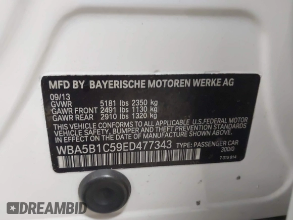 2014 BMW 5 Series 535i with VIN WBA5B1C59ED477343, listed as a IAAI auction lot 42396585 with 158,353 mi miles and . Bid and sale history available at DreamBid. Image 9.