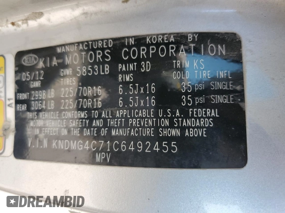 2012 Kia Sedona LX with VIN KNDMG4C71C6492455, listed as a Copart auction lot 63077744 with 210,306 mi miles and Salvage Title. Bid and sale history available at carsss.com. Image 13.