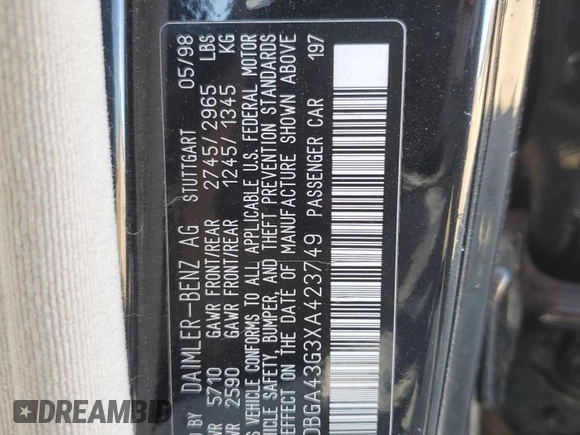 1999 Mercedes-Benz S-Class with VIN WDBGA43G3XA423749, listed as a Copart auction lot 56923464 with 0 mi miles and Salvage Title. Bid and sale history available at carsss.com. Image 14.