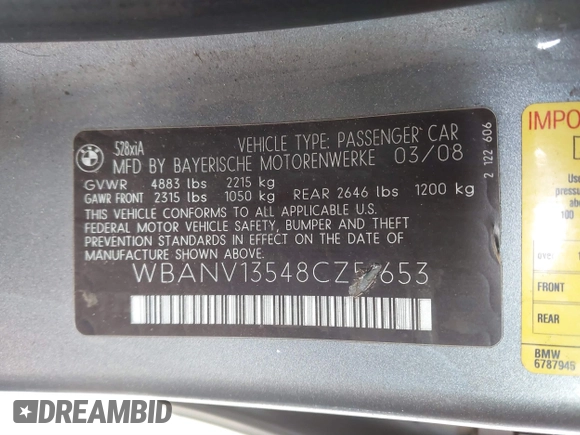 2008 BMW 5 Series 528xi with VIN WBANV13548CZ51653, listed as a IAAI auction lot 41578114 with 159,723 mi miles. Bid and sale history available at carsss.com. Image 9.