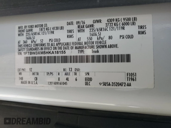 2017 Ford Transit with VIN 1FTBW3XM5HKA18155, listed as a Copart auction lot 55186125 with 140,163 mi miles and Salvage Title. Bid and sale history available at carsss.com. Image 13.