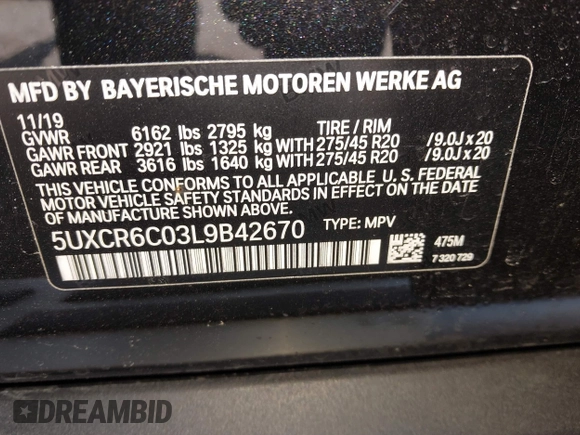 2020 BMW X5 xDrive40i with VIN 5UXCR6C03L9B42670, listed as a IAAI auction lot 41977126 with Not provided miles and . Bid and sale history available at DreamBid. Image 9.