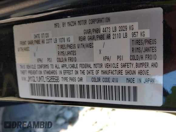 2020 Mazda 6 Sport with VIN JM1GL1UM7L1526598, listed as a IAAI auction lot 41888418 with 97,568 mi miles and . Bid and sale history available at DreamBid. Image 9.