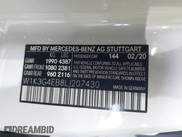 2020 Mercedes-Benz A 220 z VIN W1K3G4EB8LJ207430, wystawiony jako IAAI lot #42177595 z przebiegiem 56 148 mil mil oraz . Historia ofert i sprzedaży dostępna na DreamBid. Obrazek 9.