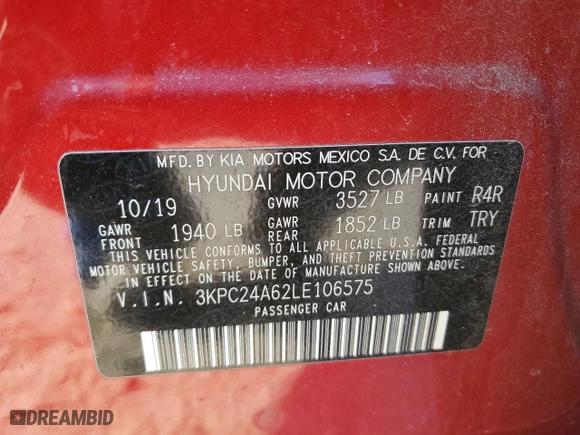 2020 Hyundai Accent SEL with VIN 3KPC24A62LE106575, listed as a Copart auction lot 46901255 with 89,477 mi miles and Salvage Title. Bid and sale history available at carsss.com. Image 12.