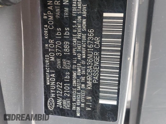 2022 Hyundai Venue Limited z VIN KMHRC8A36NU167366, wystawiony jako Copart lot #50786085 z przebiegiem Nie podano mil oraz Szkoda całkowita • Salvage title. Historia ofert i sprzedaży dostępna na DreamBid. Obrazek 13.