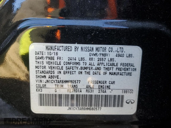 2017 Infiniti Q50 2.0t Premium with VIN JN1CV7AR6HM680577, listed as a Copart auction lot 88735105 with 48,805 mi miles and Salvage Title. Bid and sale history available at carsss.com. Image 13.