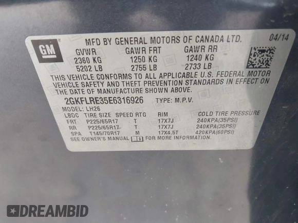2014 GMC Terrain SLE z VIN 2GKFLRE35E6316926, wystawiony jako IAAI lot #41395057 z przebiegiem 165 055 mil mil oraz . Historia ofert i sprzedaży dostępna na DreamBid. Obrazek 9.