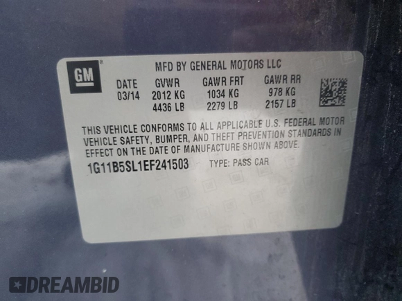 2014 Chevrolet Malibu LS with VIN 1G11B5SL1EF241503, listed as a Copart auction lot 43859885 with 86,797 mi miles and Clean Title. Bid and sale history available at DreamBid. Image 12.