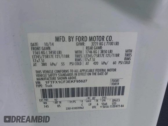 2014 Ford F-150 XL with VIN 1FTFX1CF3EKF95627, listed as a IAAI auction lot 42042775 with 208,405 mi miles and . Bid and sale history available at DreamBid. Image 9.