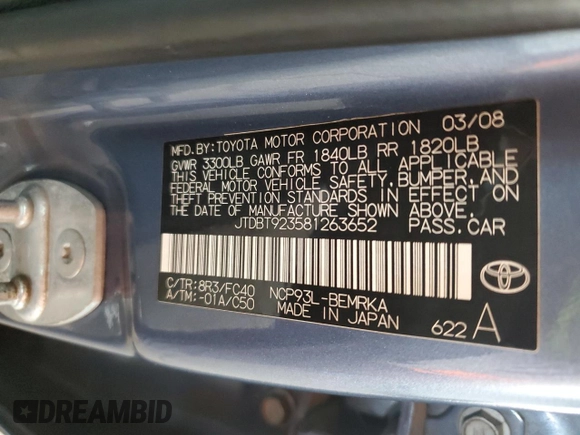 2008 Toyota Yaris with VIN JTDBT923581263652, listed as a Copart auction lot 53272385 with 214,883 mi miles and Salvage Title. Bid and sale history available at carsss.com. Image 12.