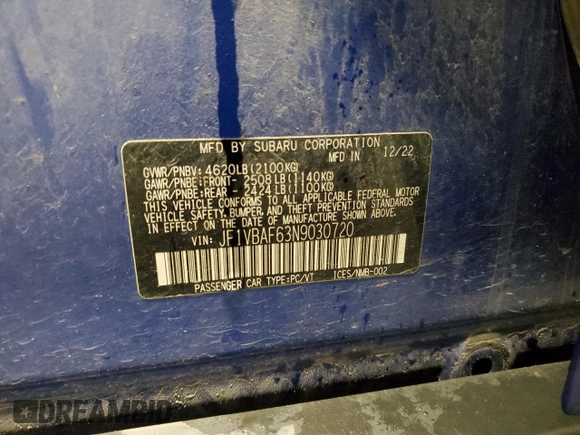 2022 Subaru WRX Premium z VIN JF1VBAF63N9030720, wystawiony jako Copart lot #75983834 z przebiegiem 53 844 mil mil oraz Szkoda całkowita • Salvage title. Historia ofert i sprzedaży dostępna na DreamBid. Obrazek 12.