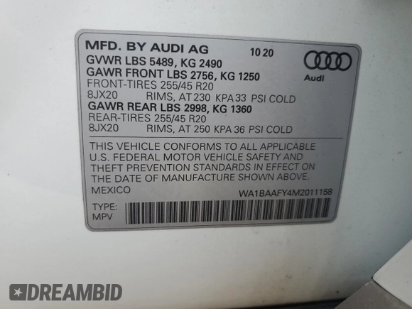 2021 Audi Q5 Premium Plus with VIN WA1BAAFY4M2011158, listed as a Copart auction lot 72142954 with 17,613 mi miles and Salvage Title. Bid and sale history available at carsss.com. Image 13.