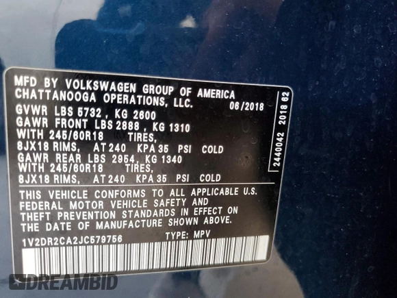 2018 Volkswagen Atlas SE with VIN 1V2DR2CA2JC579756, listed as a Copart auction lot 52103165 with 102,437 mi miles and Salvage title. Bid and sale history available at DreamBid. Image 13.