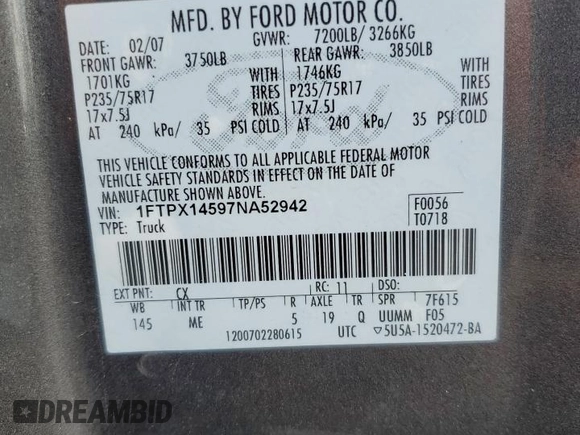2007 Ford F-150 XLT with VIN 1FTPX14597NA52942, listed as a Copart auction lot 52980215 with 149,889 mi miles and Salvage Title. Bid and sale history available at carsss.com. Image 12.
