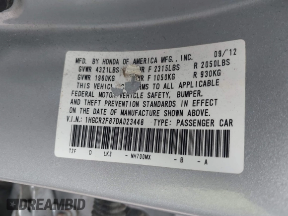 2013 Honda Accord Sdn EX-L with VIN 1HGCR2F87DA023448, listed as a IAAI auction lot 41898974 with 147,283 mi miles. Bid and sale history available at carsss.com. Image 9.