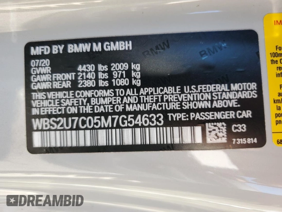 2021 BMW M2 Competition with VIN WBS2U7C05M7G54633, listed as a Copart auction lot 68432394 with 22,162 mi miles and Salvage Title. Bid and sale history available at carsss.com. Image 12.