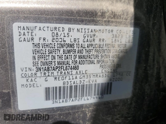 2015 Nissan Sentra SV z VIN 3N1AB7AP2FL674460, wystawiony jako Copart lot #56286355 z przebiegiem 126 052 mil mil oraz Szkoda całkowita • Salvage title. Historia ofert i sprzedaży dostępna na DreamBid. Obrazek 13.