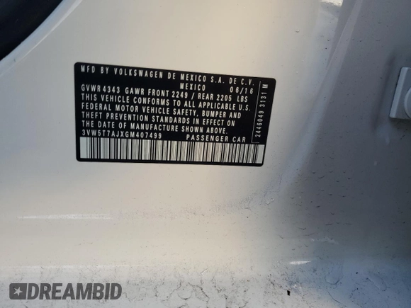 2016 Volkswagen Jetta Sedan 2.0T GLI SE with VIN 3VW5T7AJXGM407499, listed as a Copart auction lot 44046165 with 96,854 mi miles and Salvage Title. Bid and sale history available at carsss.com. Image 15.