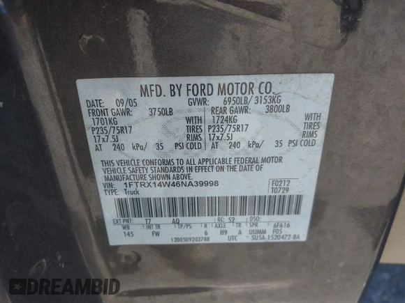 2006 Ford F-150 STX with VIN 1FTRX14W46NA39998, listed as a IAAI auction lot 42185331 with 307,059 mi miles and . Bid and sale history available at DreamBid. Image 9.