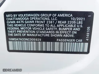 2022 Volkswagen Passat 2.0T SE with VIN 1VWSA7A33NC005929, listed as a IAAI auction lot 41877352 with 45,383 mi miles. Bid and sale history available at carsss.com. Image 9.