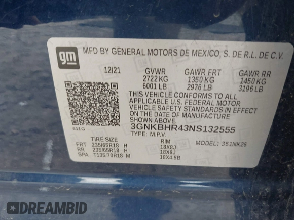 2022 Chevrolet Blazer LT with VIN 3GNKBHR43NS132555, listed as a IAAI auction lot 42501996 with 51,011 mi miles and . Bid and sale history available at DreamBid. Image 9.