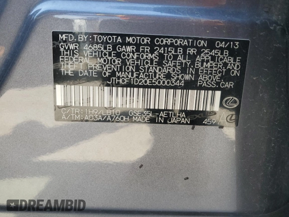 2014 Lexus IS 250 with VIN JTHCF1D20E5000344, listed as a Copart auction lot 62012415 with 192,597 mi miles and Non repairable. Bid and sale history available at DreamBid. Image 12.